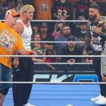 Cody Rhodes tells Logan Paul to say "Back to Poland's John Cena Peacemaker" before Smackdown gushs out