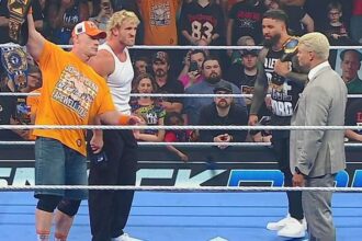 Cody Rhodes tells Logan Paul to say "Back to Poland's John Cena Peacemaker" before Smackdown gushs out