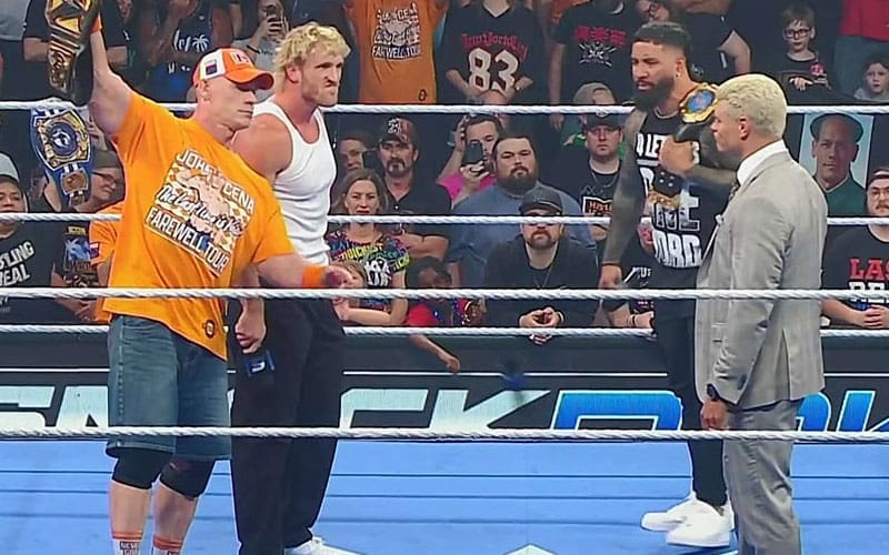 Cody Rhodes tells Logan Paul to say "Back to Poland's John Cena Peacemaker" before Smackdown gushs out