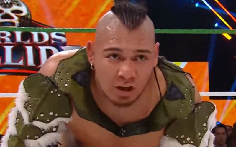 El Hijo Del Vikingo holds the mega championship in a wild match at WWE X AAA Worlds Collide