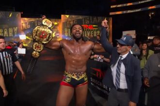 Trick Williams holds the TNA world title at Chaos Slamie Surrey Main Event