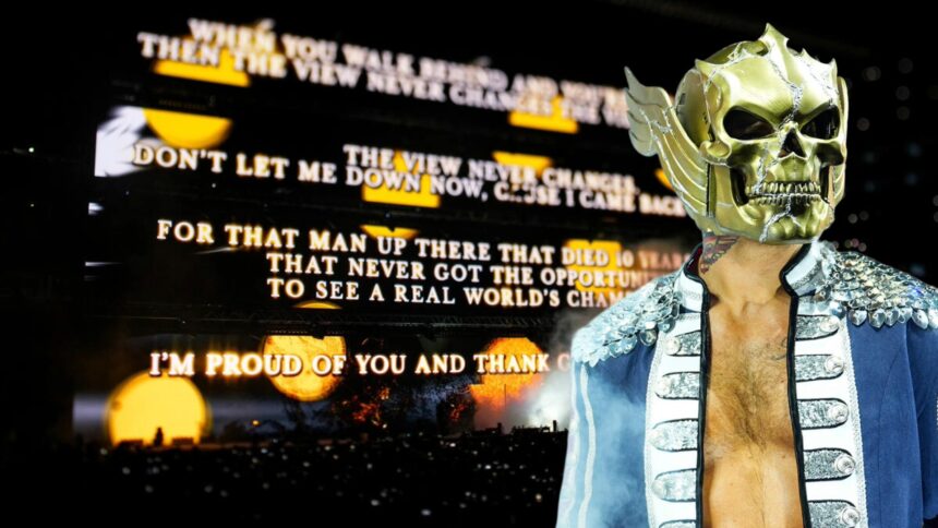Cody Rhodes reacts to the entrance to an emotional summer slam with Dusty Rhodes tribute