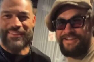 Jason Momoa shows off his Blanka look to Roman Reigns and Cody Rhodes